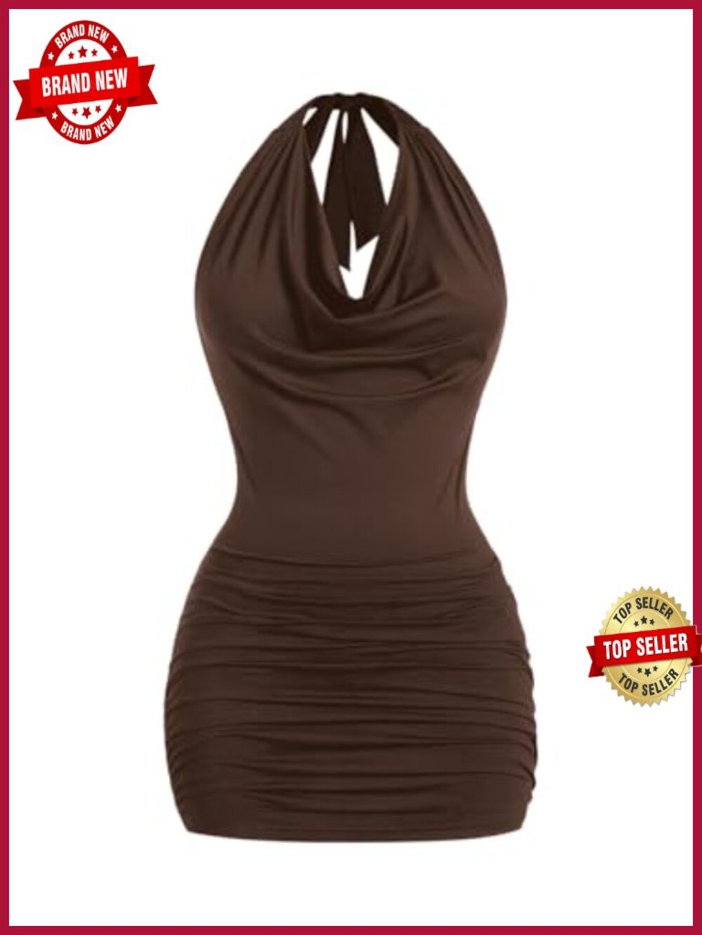 Women's Backless Halter Cowl Neck Ruched Bodycon Mini Dress Sleeveless Party